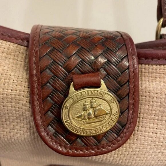 Vintage Brahmin Harbor khaki woven shoulder bag with brown leather trim handles - Picture 12 of 12